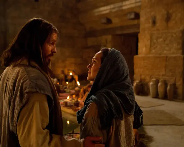 Scena z Kany Galilejskiej: Jezus rozmawia z kobietą, w tle widać gości weselnych i świece.