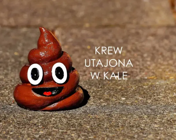Uśmiechnięta kupa z oczami i napisem "krew utajona w kale".