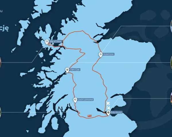 Mapa Szkocji z trasą "Apetyt na Szkocję", pokazująca malownicze miejsca jak Isle of Skye, Glen Coe, Loch Lomond i Edynburg.