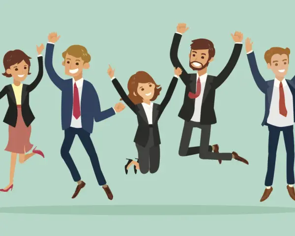 Cinq personnes en tenue d'affaires sautent de joie, symbolisant un excellent team building en entreprise.
