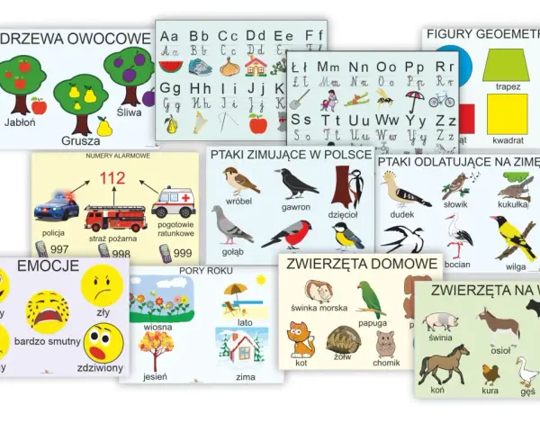 Zestaw plansz edukacyjnych dla klas 1-3: owoce, litery, figury, ptaki, emocje, pory roku, zwierzęta.
