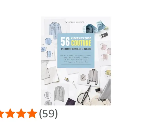 Livre de couture "56 Pièces d'étude" de Catherine Guidicelli, montrant des patrons de vêtements, des tissus, des ciseaux et des **cols** rapportés.