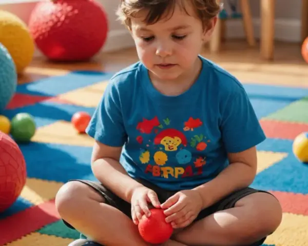 Chłopiec z zaburzeniem sensorycznym bawi się kolorowymi piłkami na macie.
