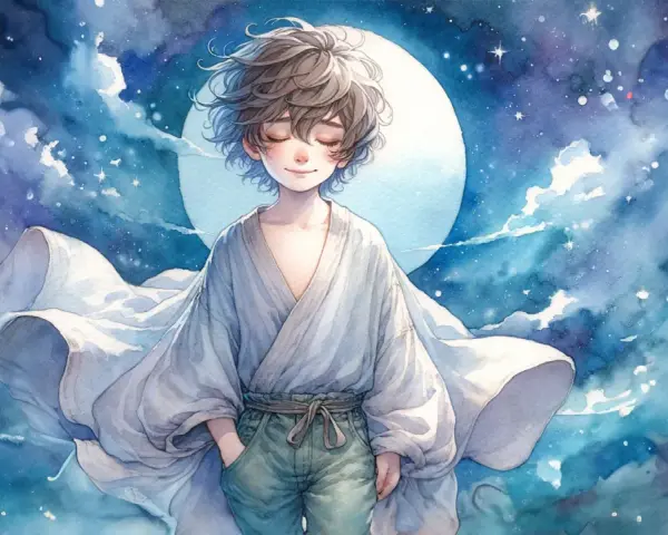Ein Junge mit geschlossenen Augen und wallendem Gewand vor einem Sternenhimmel und Mond. Perfekt für traumreisen zum einschlafen.