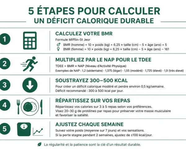 Guide en 5 étapes pour comment compter ses calories et créer un déficit calorique durable : calcul BMR, TDEE, soustraction kcal, répartition repas, ajustements hebdomadaires.