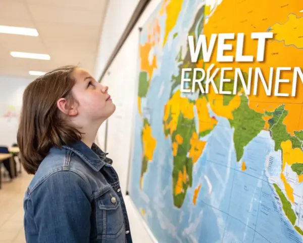 Ein Mädchen blickt auf eine Weltkarte mit der Aufschrift "Welt erkennen". Vielleicht plant sie ihren nächsten schuljahr im ausland.