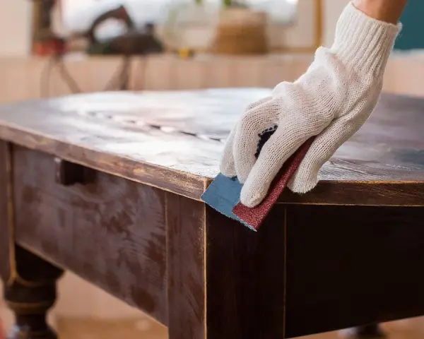 Mano guantata leviga un tavolo antico, un'idea per trasformare mobili antichi in moderni con un tocco di fai-da-te.