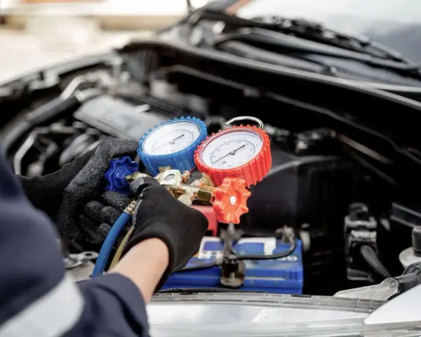Mechanic checks car AC pressure with gauges. This helps determine how much to fix AC in car.