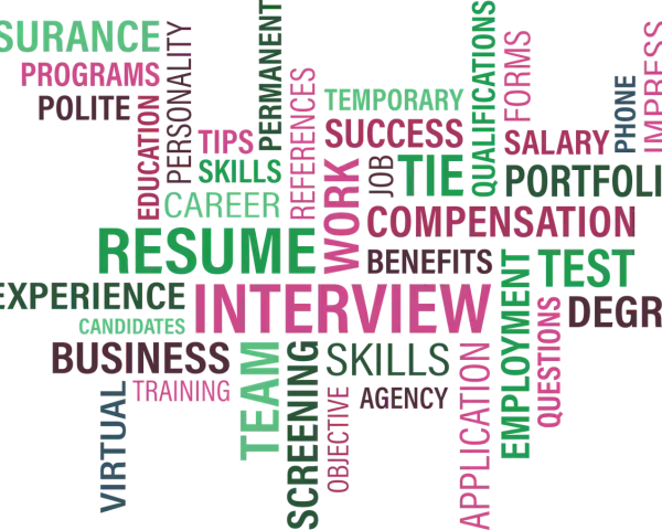 Słowa kluczowe związane z karierą i procesem rekrutacji: RESUME, INTERVIEW, SKILLS, EXPERIENCE, EDUCATION, SUCCESS, PORTFOLIO, SALARY, COMPENSATION, EMPLOYMENT, APPLICATION, TEST, DEGREE, INSURANCE, PROGRAMS, POLITE, TEMPORARY, PERSONALITY, TIPS, REFER...