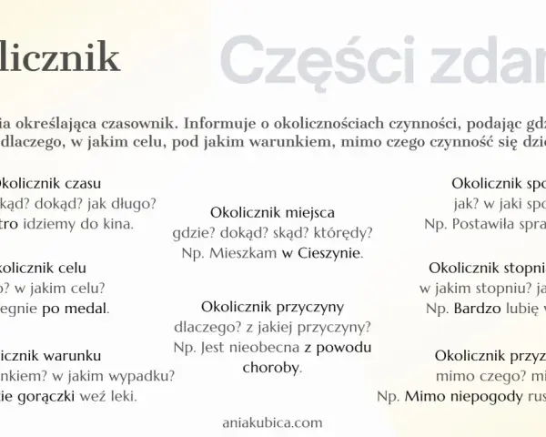 Okolicznik: kiedy, gdzie, jak, dlaczego, po co, pod jakim warunkiem, mimo czego? Odpowiada na pytania o okoliczności czynności.