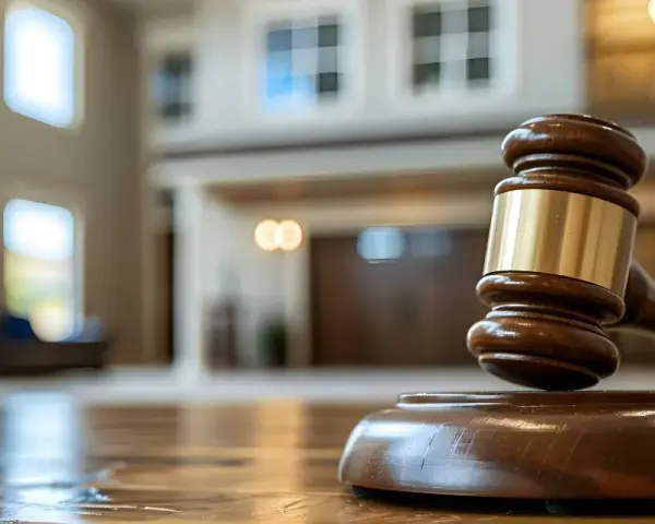 Marteau de juge sur une table en bois, prêt pour une vente par adjudication dans une maison spacieuse.