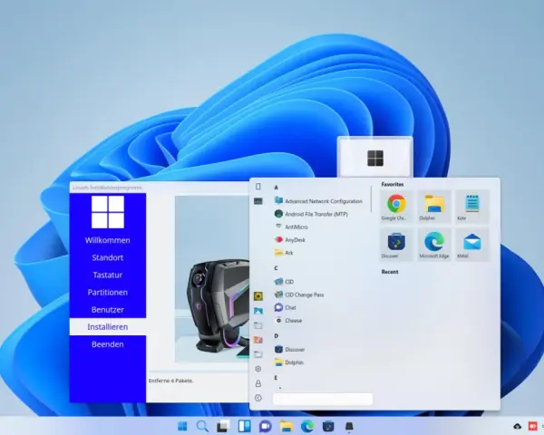 Linuxfx Installationsprogramm mit Android-Optionen, das auf einem Windows 11-Desktop läuft. Ein Fenster zeigt "Android File Transfer (MTP)" und andere Programme.