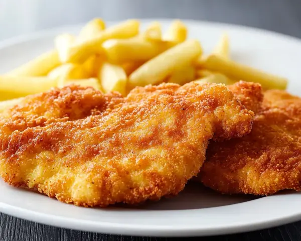 Due cotolette di pollo dorate e croccanti, accompagnate da patatine fritte, su un piatto bianco.