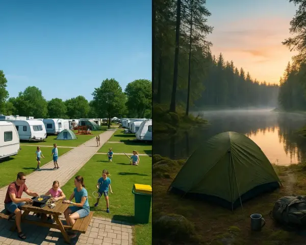 Dwa oblicza campingu: rodzinny wypoczynek na kempingu z przyczepami i samotny nocleg w namiocie nad jeziorem o wschodzie słońca.