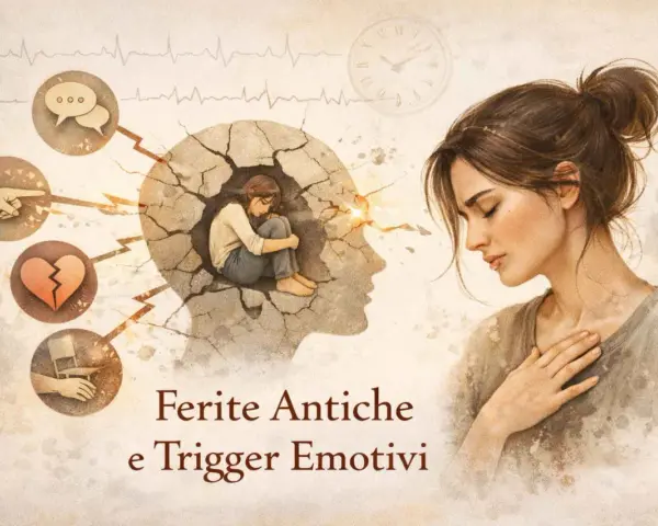 Una donna con la mano sul cuore, mentre dentro la sua testa si frantuma, evocando il pensare di aver fatto cose non fatte.
