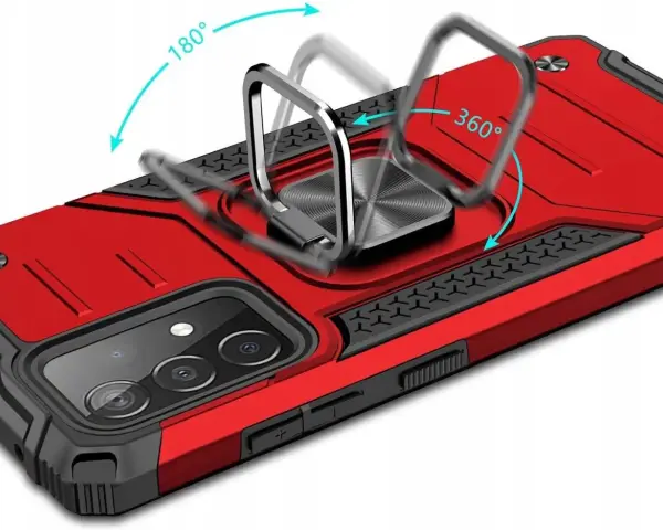 Czerwone etui na Xiaomi Mi 10T Pro z metalowym pierścieniem obracanym o 180° i 360°.