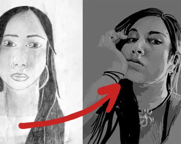 Un autoportrait dessin au crayon à gauche, et une version numérique plus stylisée à droite, montrant une évolution artistique.