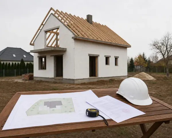 Na stole leżą plany i biały kask. W tle buduje się dom bez pozwolenia, widać jego szkielet i białe ściany.