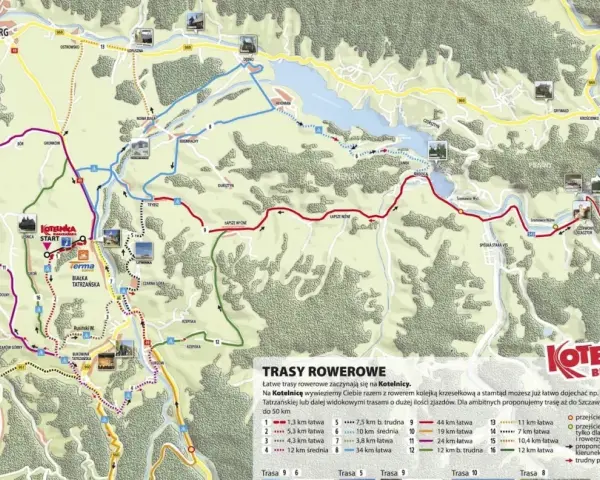 Mapa tras rowerowych i pieszych w Białce Tatrzańskiej. Kotelnica oferuje łatwe trasy, idealne na rodzinne wycieczki.