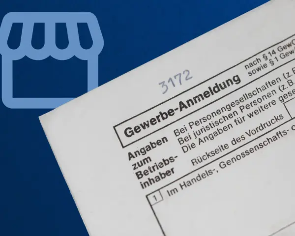 Gewerbe-Anmeldung Formular mit Laden-Symbol. Hier erfahren Sie, wie Sie ein Gewerbe anmelden.