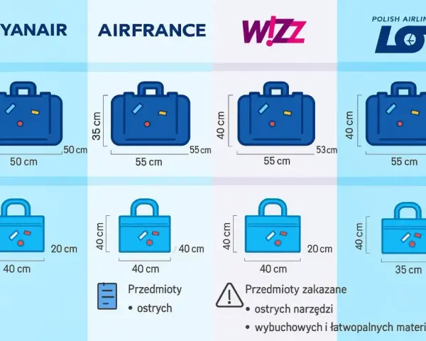 Porównanie wymiarów bagażu podręcznego linii lotniczych: Ryanair, Air France, Wizz Air i LOT. Sprawdź, jaki lot bagaż podręczny zmieści się w kabinie.