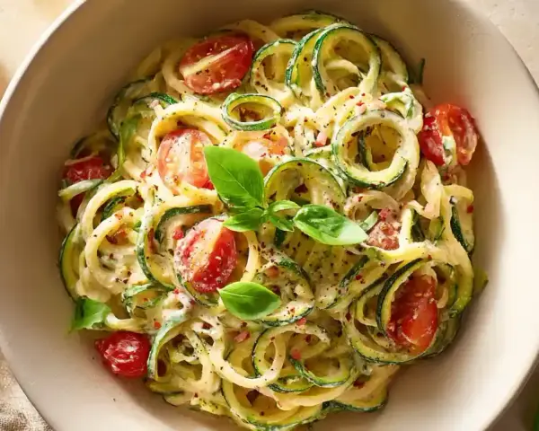 Zucchini-Spaghetti mit cremiger Sauce, Kirschtomaten und Basilikum. Ein leichtes Gericht, das sich perfekt zum Kochen oder Braten eignet.