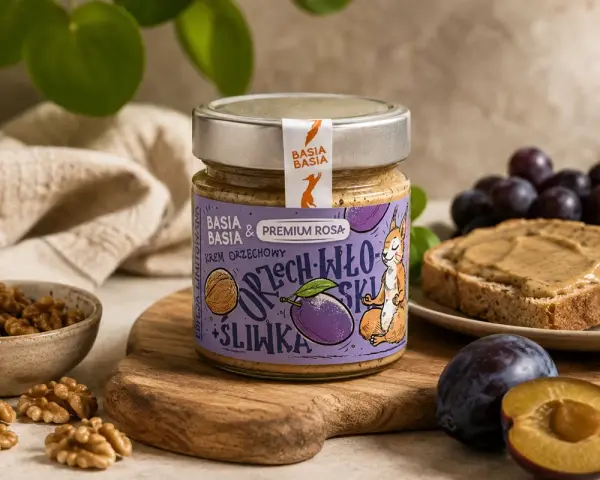 Krem orzechowo-śliwkowy na śniadanie, idealny dla osób na dieta fodmap. Na zdjęciu słoik z kremem, orzechy włoskie, śliwki i tost.