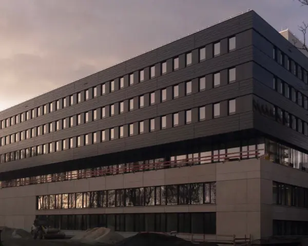 Neues Gebäude der Uni Bochum Jura im Bau, mit vielen Fenstern und moderner Fassade.