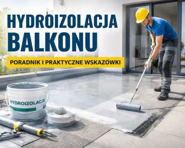 Fachowiec wykonuje izolację balkonu, używając wałka do rozprowadzenia masy. Na pierwszym planie wiadro z napisem "HYDROIZOLACJA".