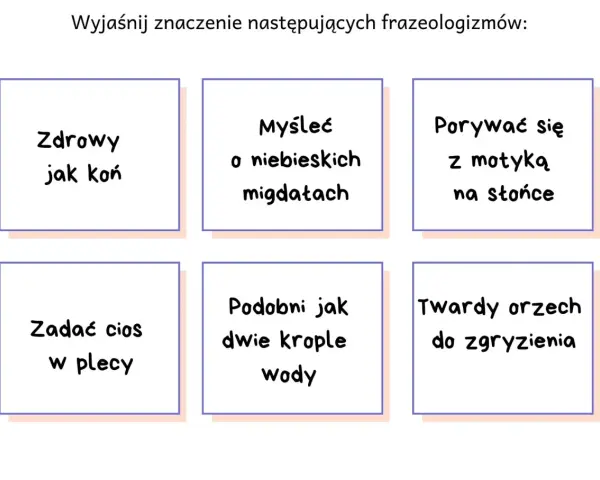 Zestawienie frazeologizmów: "zdrowy jak koń", "myśleć o niebieskich migdałach", "porywać się z motyką na słońce", "zadać cios w plecy", "podobni jak dwie krople wody", "twardy orzech do zgryzienia".