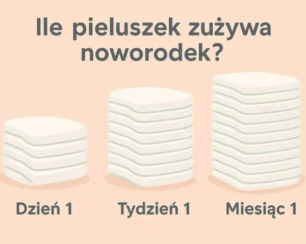Ile dziecko zużywa pampersów dziennie? Ilustracja pokazuje stosy pieluszek na Dzień 1, Tydzień 1 i Miesiąc 1, wizualizując zużycie.
