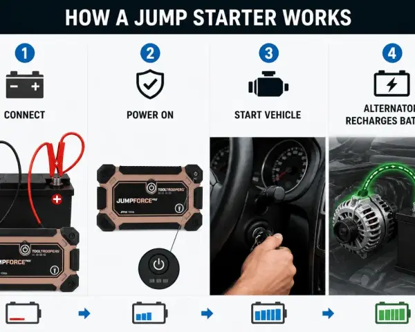 A portable jump starter can start a completely dead battery by connecting, powering on, starting the vehicle, and then the alternator recharges the battery.