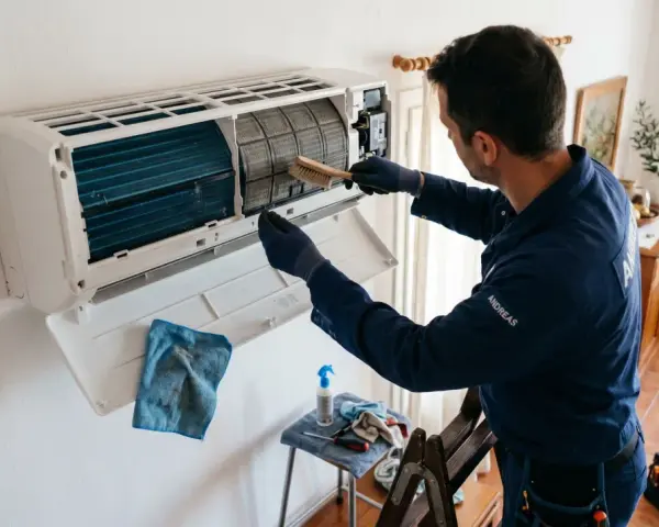Técnico realiza revisión de aire acondicionado, limpiando filtros con cepillo.