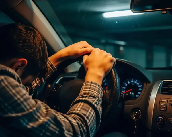 Mann mit Kopf auf Lenkrad, verzweifelt. Fahren ohne Versicherungsschutz strafe droht. Dunkle Garage, gedämpftes Licht.