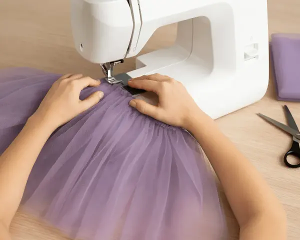 Ręce szyjące fioletową tiulową spódnicę na maszynie. Obok leżą nożyczki i materiał.
