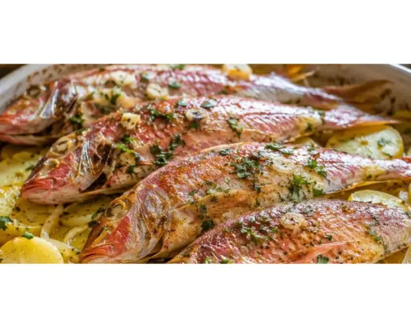Cuatro salmonetes al horno, dorados y jugosos, reposan sobre patatas laminadas y rodajas de limón en una fuente blanca.