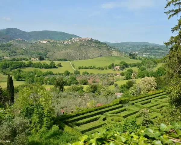 Un labirinto verdeggiante si apre su dolci colline e borghi arroccati nei Monti Sabini, un paesaggio idilliaco sotto un cielo azzurro.