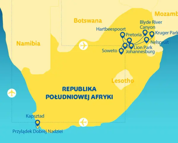 Mapa pokazuje Republikę Południowej Afryki, Botswanę, Namibię i Mozambik. Lesotho leży na południe od Johannesburga, otoczone przez RPA.