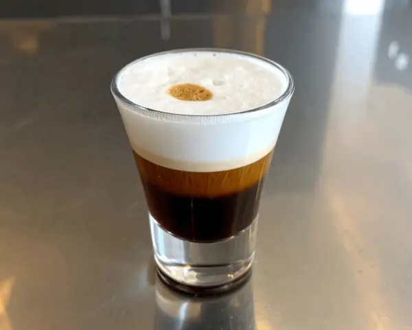 Kawa caffe coretto w szklance, z warstwami ciemnego espresso i białej pianki, ozdobiona złotą kropką.