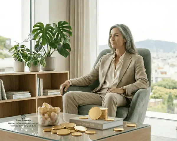 Una mujer elegante, como una reina de oros tarot amor, reflexiona sentada en un sillón, rodeada de plantas y monedas doradas.