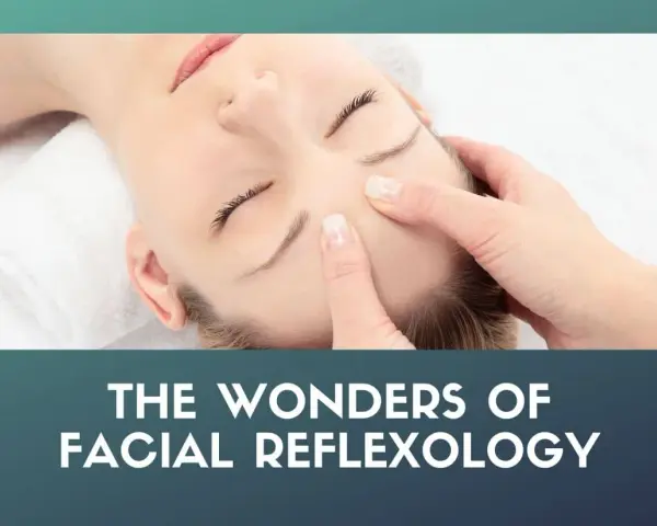 A close-up of a woman's face as gentle fingers perform facial reflexology, promoting relaxation and well-being.