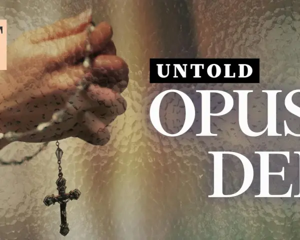 A hand holds a rosary, with the words "UNTOLD OPUS DEI" prominently displayed.