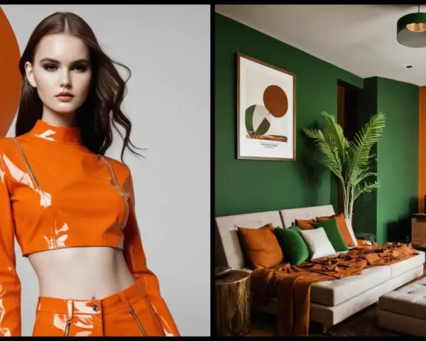 Mujer con traje naranja brillante y sala de estar con paredes verdes y naranjas.