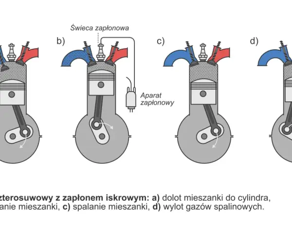 Cykl pracy silnika 4 suwowego: dolot, sprężanie, spalanie, wylot. Schemat pokazuje cztery etapy działania silnika.