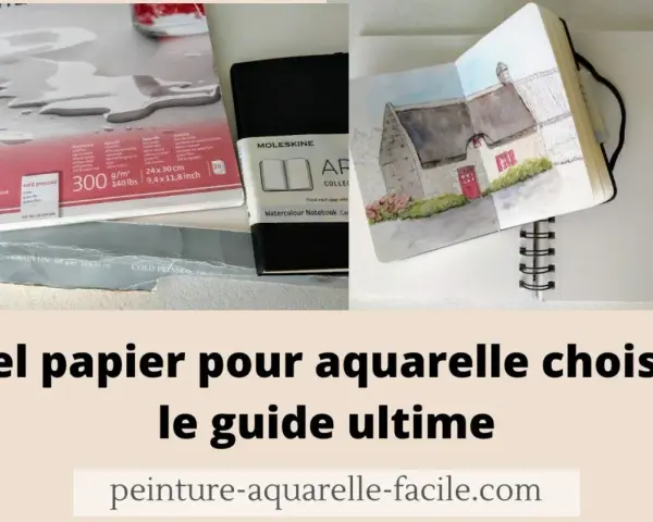 Blocs de papier et carnet de croquis ouverts sur une aquarelle. Le texte suggère : quel papier pour aquarelle choisir pour un guide ultime.