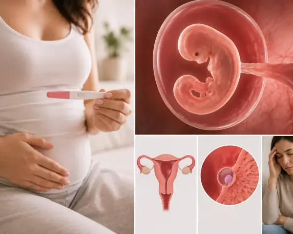 Ciąża: test pozytywny, zarodek w 7 tygodniu, macica, implantacja i kobieta z bólem głowy.