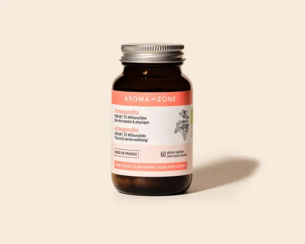 Flacone di integratore Ashwagandha Aroma-Zone. Molti credono che l'ashwagandha fa dimagrire, supportando benessere fisico e mentale.