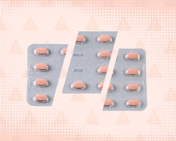 Blister opakowań tabletek, każda zawiera ketrel 25 mg. Tło z ostrzegawczymi trójkątami.