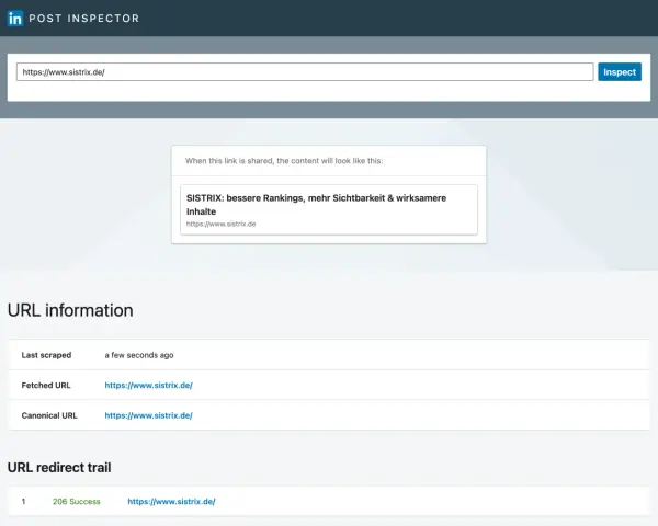 Post Inspector zeigt, was sind Meta Daten für die URL sistrix.de. URL-Infos & Redirect-Trail.