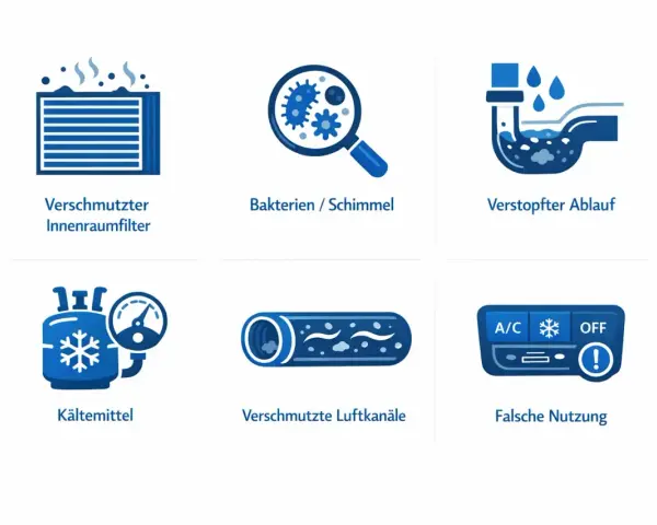 Icons zeigen Probleme mit der Klimaanlage: verschmutzter Filter, Bakterien, verstopfter Ablauf, Kältemittel, schmutzige Kanäle und falsche Nutzung. Klimaanlagen Desinfektion Auto ist wichtig.